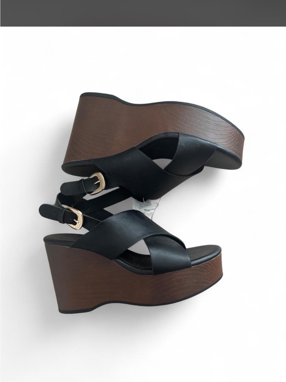 Old Navy Black Strappy Wedge Sandals with Brown Platform
